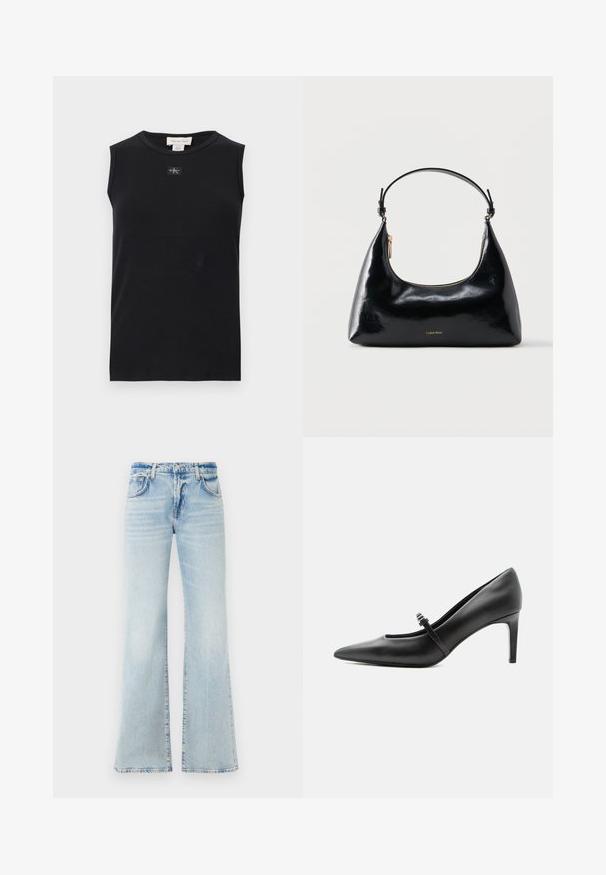 Čierne rebrované tielko bez rukávov s okrúhlym výstrihom a malou nášivkou s logom Calvin Klein umiestnenou v strede pod golierom.; Zúžené svetlomodré denimové džínsy s jemnou textúrou, piatimi vreckami a zapínaním na gombík. Obsahujú vyblednutie pre opotrebovaný efekt.; Čierna kožená lodička s špicatou špičkou, tenkým remienkom a prackou cez priehlavok, stojaca na neutrálno svetlom pozadí.; Čierna lesklá kabelka Calvin Klein so zlatým zipsom a krátkym remienkom na bielom pozadí.