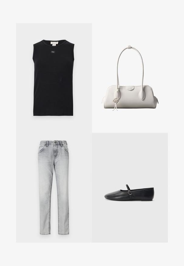 Zwart mouwloos, geribbeld tanktop met ronde hals en een klein Calvin Klein-logoplaatje in het midden onder de kraag.; Grijze spijkerbroek met een klassieke snit, voorzien van een knoopsluiting, vijf zakken en subtiele vervaging voor textuur. Rechthoekige pasvorm.; Zwarte leren balletschoenen met een spitse neus, platte zool en een kleine strap met een zilveren gespsluiting.; Witte Calvin Klein schoudertas met lange hengsels, rechthoekige vorm, ritssluiting en decoratieve logohanger bij het hengsel.
