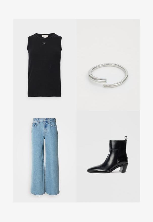 Sort ærmeløs ribstrikket tanktop med rund halsudskæring og lille Calvin Klein-logo, der er placeret centralt under kraven.; Lyseblå brede jeans lavet af denim, med høj talje, fem-lomme design og subtil falming langs stoffet.; Sort læder ankelstøvle med spids tå, geometrisk stablet hæl og en løftestrop bagpå. Glat tekstur og slankt design.; Calvin Klein SPIRAL - Armbånd - silver-coloured