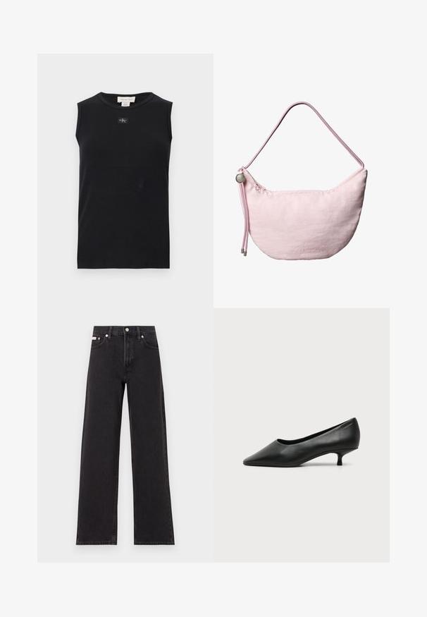 Čierne rebrované tielko bez rukávov s okrúhlym výstrihom a malou nášivkou s logom Calvin Klein umiestnenou v strede pod golierom.; Čierne široké džínsy vyrobené z denimu, s vysokým pásom, piatimi vreckami a kovovým zapínaním s kontrastným šitím.; Dámska čierna kožená lodička s nízkym podpätkom, špicatou špičkou a malým kitten podpätkom na jednofarebnom svetlom pozadí.; Mäkká ružová ramenná taška v tvare polmesiaca s nastaviteľným popruhom zo šnúry, kovovým zarážkou a nenápadným vyrazeným logom „cK“ na prednej stredovej časti.