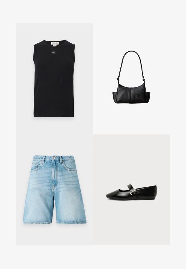 Débardeur côtelé noir sans manches avec encolure ronde et petite écusson du logo Calvin Klein centré sous le col.; Shorts en denim bleu clair avec une coupe décontractée, comportant cinq poches, des passants de ceinture et une texture délavée. L'ourlet est droit et cousu.; Chaussure plate Mary Jane en cuir noir avec bout arrondi et bride à boucle argentée sur fond uni.; Sac à bandoulière en cuir noir avec une longue sangle, des poches latérales et le logo Calvin Klein embossé sur le devant.