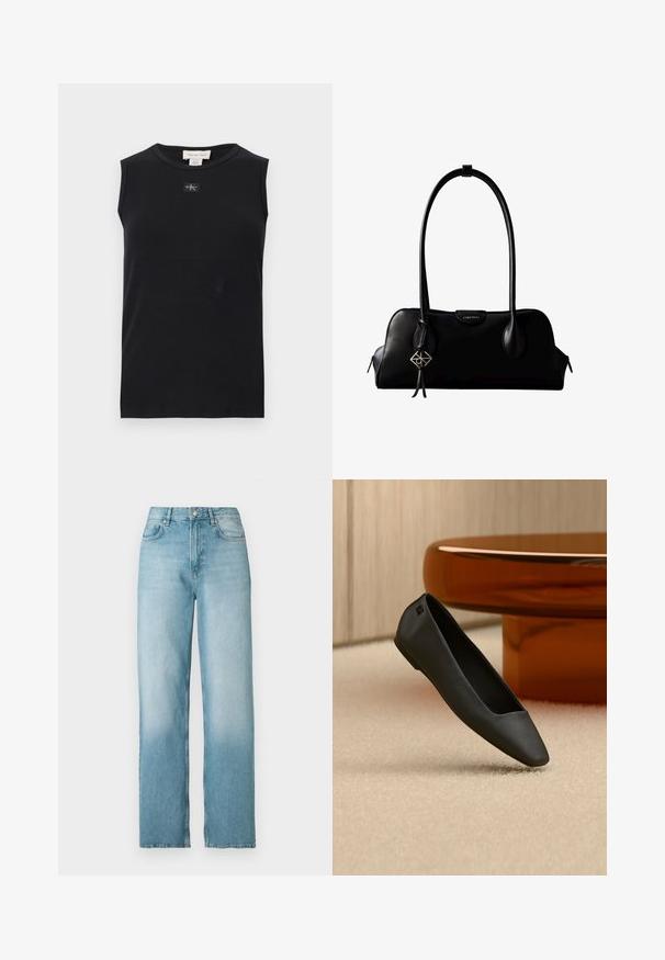 Čierne rebrované tielko bez rukávov s okrúhlym výstrihom a malou nášivkou s logom Calvin Klein umiestnenou v strede pod golierom.; Svetlomodré rifle s vysokým pásom a rovnými nohavicami, s predným gombíkom a zipsom, prednými a zadnými vreckami, zobrazené na bielom pozadí.; Čierna balerína so špičatou špičkou ležiaca na béžovom koberci pri okrúhlom jantárovo sfarbenom stole v minimalistickom zariadení miestnosti.; Čierna kožená kabelka Calvin Klein s dlhými rúčkami, prednou značkou s logom a strieborným geometrickým príveskom visiaci na jednej rúčke.