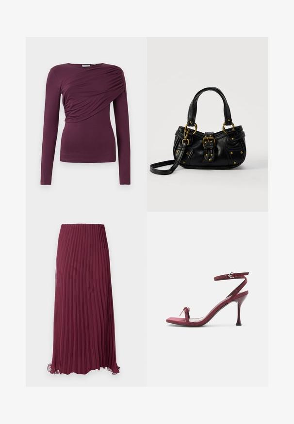 Langsleeve top in diep bordeaux, gemaakt van zachte stof. Bevat geplooide details aan de voorkant en een ronde halslijn.; Lange bordeauxrode geplooide rok van lichtgewicht stof met een elastische tailleband en een licht gerimpelde zoom. Geweven verticale plooien door de hele rok.; Bordeauxrode sandalette met hoge hak, dunne bandjes, een verstelbare enkelsluiting en een klein strikdetail op het teenbandje.; Zwarte leren handtas met gouden gesp en klinknagel details, korte handvatten en een verstelbare schouderriem op een effen witte achtergrond.