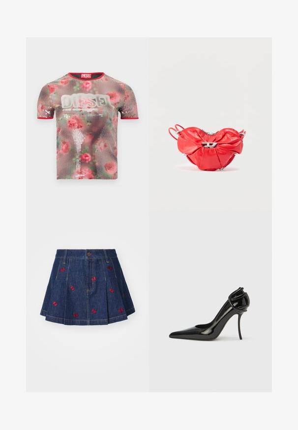 Transparant T-shirt met korte mouwen, voorzien van een bloemenpatroon met pailletten, rode bies langs de halslijn en een opvallend wit logo op de voorkant.; Denim rok met plooien en een donkere wassing, featuring rode geborduurde vlinderdetails en een klassieke vijf-pocket ontwerp met een frontknopsluiting.; Zwarte pumps van lakleer met een spits toelopende neus en een open achterkant. Heeft een unieke gebogen accent bij de hiel. Strak en glanzend afgewerkt.; Rode leren handtas in hartvorm, met plooien, een zilveren rits en een opvallend metalen logo aan de voorkant.