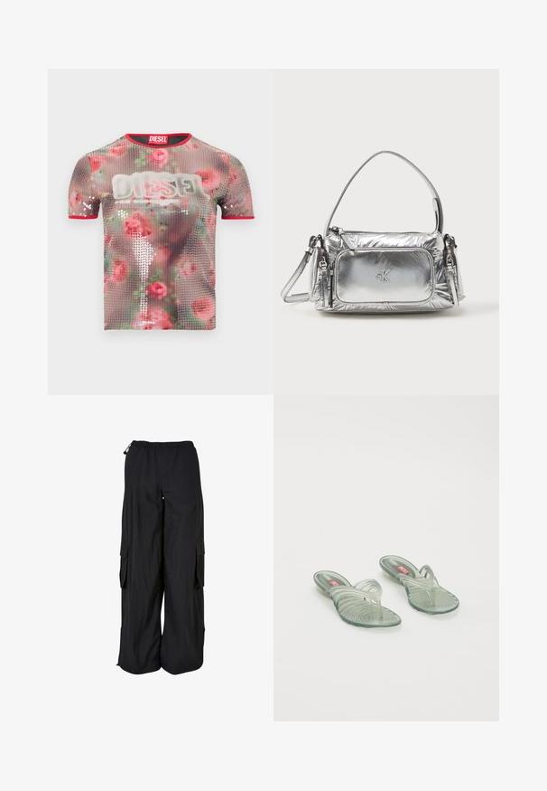Transparentes T-Shirt mit kurzen Ärmeln, verziert mit einem floralen Muster aus Pailletten, rotem Besatz entlang des Halsausschnitts und einem auffälligen weißen Logo auf der Vorderseite.; Schwarze Cargo-Hose mit weitem Bein, elastischem Bund, seitlichen Klappentaschen und verstellbaren Kordeln an Bund und Saum.; Transparente Jelly-Sandalen mit gewelltem Design, ausgestattet mit einem Zehensteg und einem geriffelten Sohlenmuster. Die Farben umfassen hellgrün und klare Töne.; Metallisches silbernes Handtasche mit rechteckiger Form, oberem Reißverschluss und Fronttasche. Verfügt über einen kurzen Griff und einen verstellbaren Riemen. Strukturierte Oberfläche.