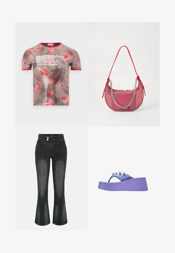 T-shirt transparent à manches courtes présentant un motif floral avec des paillettes, un bord rouge le long de l'encolure, et un logo blanc proéminent à l'avant.; Jean en denim noir délavé à taille haute, fermeture double bouton, poches avant et jambes légèrement évasées.; Sandale plateforme violette avec décorations papillon argentées sur la bride et semelle texturée.; Sac à main perforé rouge en forme arrondie, avec une accent en chaîne argentée et une bandoulière assortie. Logo affiché à l'avant.
