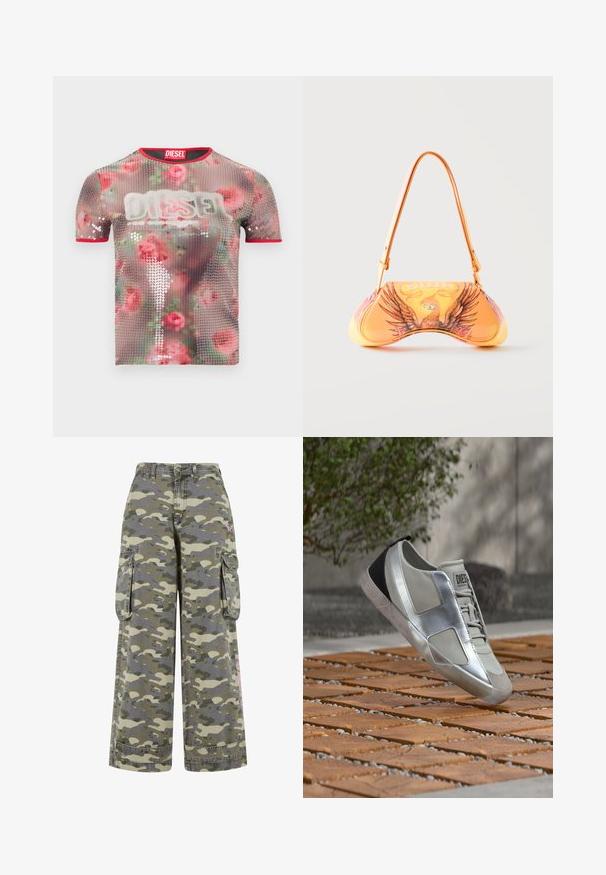 Camiseta de manga corta translúcida con un patrón floral adornado con lentejuelas, ribete rojo a lo largo del escote y un destacado logo blanco en la parte delantera.; Pantalones cargo en un patrón de camuflaje verde y beige, con un corte holgado, dos bolsillos laterales y un detalle en rosa en la pierna.; Zapatilla Diesel gris claro y plateada suspendida sobre cuadrados de madera con guijarros al aire libre, con una planta desenfocada y fondo de hormigón.; Bolso naranja con gráfico de águila y texto "DIESEL", con una forma curva y una sola asa de hombro sobre un fondo liso.