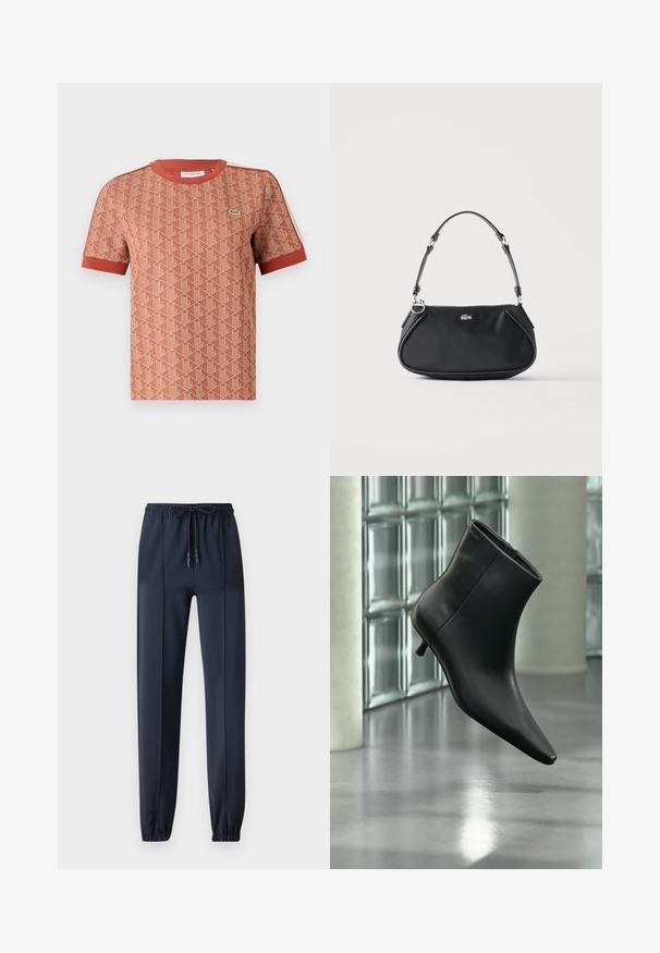 T-Shirt mit kurzen Ärmeln in Terrakotta mit einem strukturierten geometrischen Muster, geripptem Rundhalsausschnitt und kontrastierenden roten Akzenten an den Ärmeln.; Marineblaue Jogginghosen aus glattem, leichtem Material; mit einem elastischen Bund und Kordelzug sowie schmal zulaufenden Knöcheln.; Schwarzer Leder-Stiefelette mit spitzer Zehenpartie und niedrigem Kitten-Heel, schräg dargestellt vor einem polierten Boden und einer Glasbausteinwand.; Schwarze Schultertasche mit verstellbarem Riemen, Reißverschluss und kleinem silbernem Krokodil-Logo vorne in der Mitte.