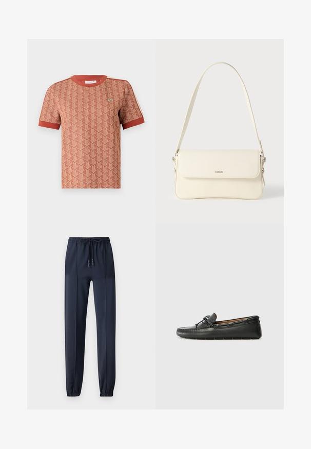 T-shirt à manches courtes en terre cuite avec un motif géométrique texturé, col rond côtelé et accents rouges contrastants sur les manches.; Pantalons jogger bleu marine en tissu lisse et léger ; dotés d'une taille élastique avec cordon de serrage et de chevilles resserrées.; Bateau en cuir noir avec un bout arrondi, des détails de couture, un petit accent en nœud et une semelle en caoutchouc. Texture lisse et design épuré.; Sac à bandoulière en cuir couleur crème avec fermeture à rabat, quincaillerie argentée, une bandoulière réglable et un logo discret.