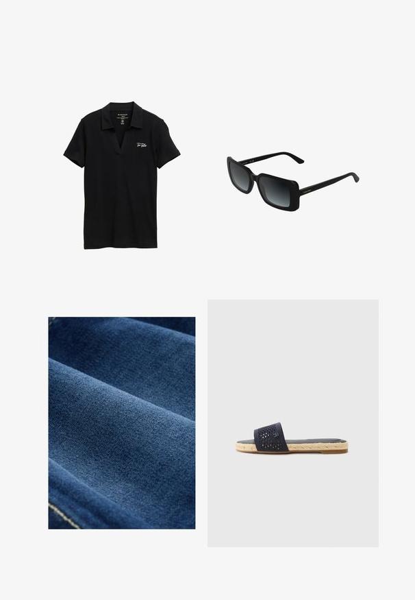 Schwarzes Polo-Shirt mit kurzen Ärmeln und V-Ausschnitt, kleines weißes "Tom Tailor"-Logo auf der Brust, aus Bio-Baumwolle, Größe S.; Dunkelblauer Denim-Stoff mit glatter Textur, sichtbarem Gewebe und subtiler Dehnung. Verfügt über schwache Nähte entlang der Kanten.; Marinefarbene Slippers mit durchlöchertem Obermaterial, gewebter Jutesohle und Gummisohle. Bietet ein flaches Design für bequemes Tragen.; Schwarze rechteckige Calvin Klein Sonnenbrille mit verlaufenden dunklen Gläsern und schlanken Bügeln vor weißem Hintergrund.