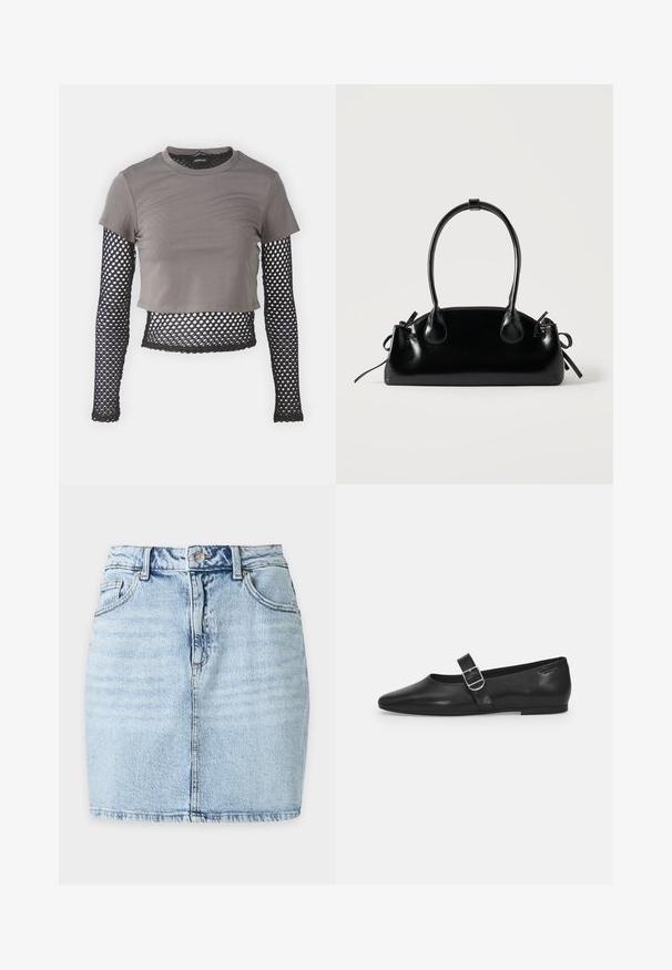 Grå cropped t-shirt med korte ærmer og lange ærmer i sort netstof med diamantmønster og bølget kant.; Lyseblå denim mininederdel med frontknap, bæltestropper, to forlommer og synlig lodret søm ned langs midten.; Sorte læder flade sko med rund tå, et enkelt justerbart spænde og en glat, blank overflade. Minimalistisk design med en lav hæl.; Lille sort blank håndtaske med to lange håndtag og snøre-detaljer i siden på en ensfarvet lys baggrund.