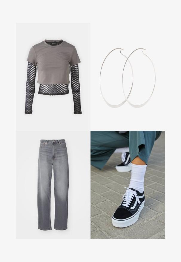 Grå cropped t-shirt med korte ærmer og lange ærmer i sort netstof med diamantmønster og bølget kant.; Weekday RAIL MID LOOSE STRAIGHT - Jeans Straight Leg - misty grey; Sorte ruskinds sneakers med hvide accenter og snørebånd, der har en tyk hvid sål og kontrasterende syninger, parret med en hvid sok.; Sølv hoops øreringe med et tyndt, glat design; langstrakt oval form; poleret finish; har en sikker krog lukning.