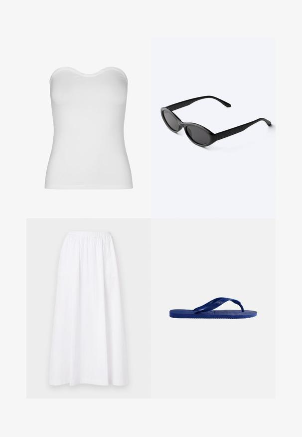 Top blanco sin tirantes, hecho de una tela ligera y elástica. Presenta una textura suave, escote curvado y un diseño ceñido. Sin costuras visibles.; Falda blanca, de longitud a la rodilla, con una cintura elástica, que presenta un diseño sencillo y una tela ligera, exhibiendo una textura lisa y uniforme.; Sandalia flip-flop azul única con suela texturizada y tiras en forma de Y, mostrada de lado sobre un fondo blanco liso.; Gafas de sol ovaladas negras y elegantes con lentes oscuras y patillas rectas, reposando sobre una superficie blanca.