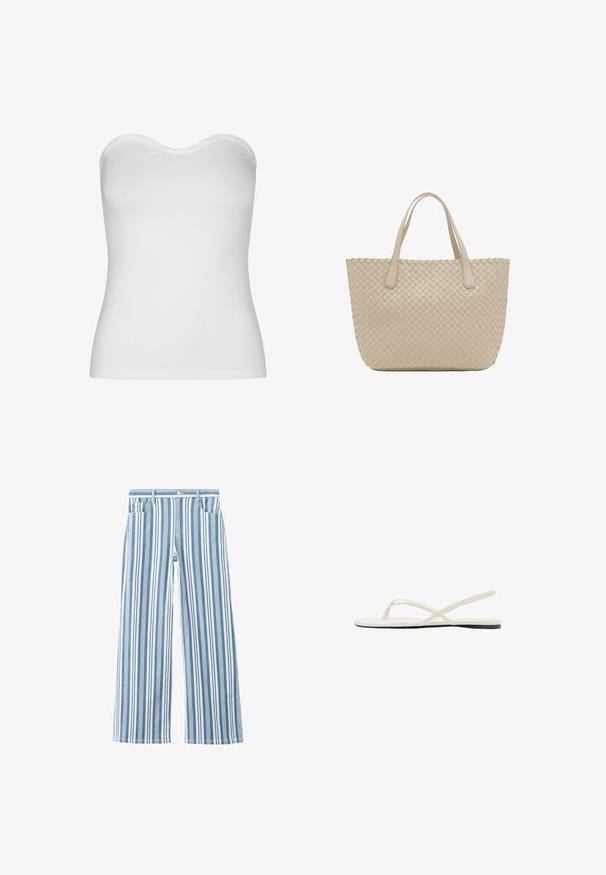 Haut blanc sans bretelles fabriqué en tissu léger et extensible. Présente une texture lisse, un col incurvé et un design ajusté. Pas de coutures visibles.; Jean large rayé vertical bleu clair et blanc avec poches avant et fermeture par bouton à la taille.; Sandale plate blanche avec fines lanières croisées et une bride arrière, vue de côté sur fond blanc.; Sac cabas en cuir tissé beige avec deux bretelles et une forme rectangulaire structurée.