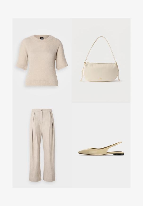 Suéter crema de manga corta, textura suave, escote redondo, dobladillo y mangas acanaladas, marca mínima en el cuello, diseño acogedor.; Pantalones de lino beige con pliegues, pierna ancha y cierre frontal con botón. La tela tiene un aspecto texturizado y una calidad ligera y transpirable.; Zapato plano beige con puntera puntiaguda, diseño slingback, tacón bajo negro y acabado en cuero liso, mostrado de perfil sobre un fondo liso.; Bolso pequeño de color crema para llevar al hombro, con una sola correa, cierre de cremallera y un sutil logo de la marca en dorado en el frontal.