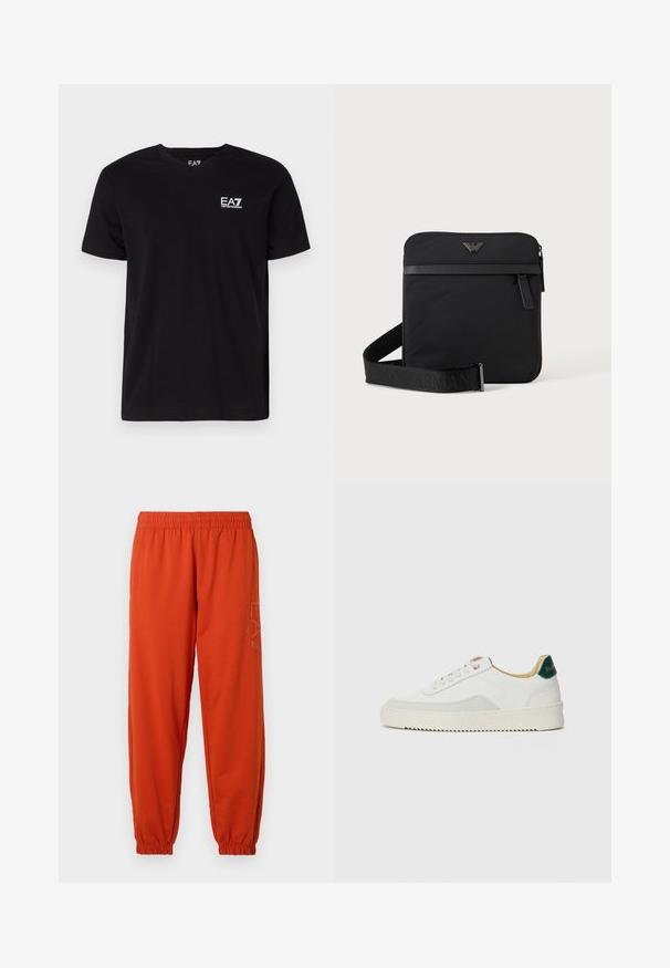 Camiseta de algodón negra con cuello en V y mangas cortas. Presenta un logo blanco de EA7 en el lado izquierdo del pecho. Textura suave, corte estándar.; Pantalones de chándal naranjas con cintura y puños elásticos. Presenta un logotipo impreso en el costado. Fabricado con una suave tela texturizada.; Zapatilla blanca con acentos de ante, puntera redondeada, cordones planos y suela de goma color crema. Presenta un logo verde en el talón.; Bolso de hombro negro cuadrado con cierre de cremallera, bolsillo delantero y correa ajustable con nombre de marca en relieve.