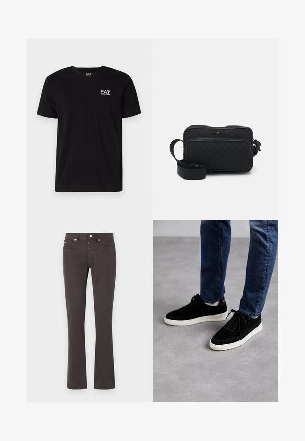 Camiseta de algodón negra con cuello en V y mangas cortas. Presenta un logo blanco de EA7 en el lado izquierdo del pecho. Textura suave, corte estándar.; Jeans negros acampanados hechos de una mezcla de algodón. Presenta cinco bolsillos, presillas para cinturón y herrajes de metal. Textura suave con un ligero estiramiento.; Zapatillas de ante negras con suela de goma blanca, que presentan un diseño clásico de corte bajo, puntera redondeada y cordones planos negros.; Bolso bandolera de tela acolchada negra con cierre de cremallera, correa ajustable y bolsillo frontal. Presenta un sutil logo de la marca en plata.
