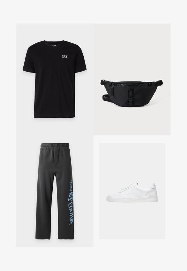 Schwarzes Baumwoll-T-Shirt mit V-Ausschnitt und kurzen Ärmeln. Mit einem weißen EA7-Logo auf der linken Brust. Glatte Textur, normale Passform.; Schwarze Sweatpants aus weichem Material, mit lockerer Passform und elastischem Bund. Auffälliger blauer Aufdruck entlang der Seite.; Weißer Sneaker mit niedrigem Schaft, Schnürdesign, glattem Lederobermaterial und dicker Sohle, von der Seite auf einfachem Hintergrund gezeigt.; Schwarze Moschino Bauchtasche mit Frontreißverschluss und verstellbarem Riemen auf einfachem hellem Hintergrund.