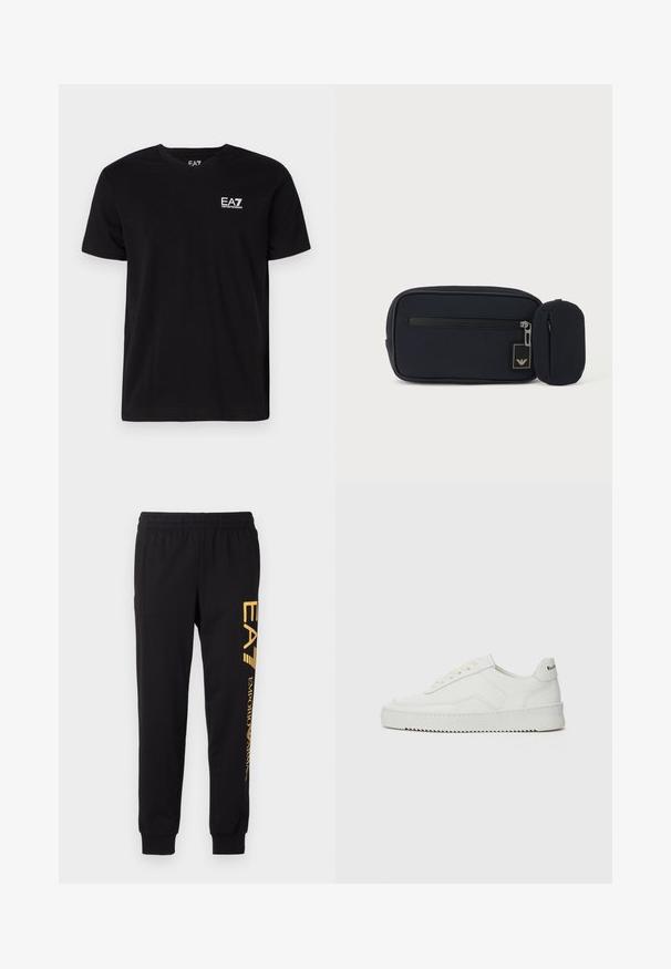 Zwarte katoenen t-shirt met een V-hals en korte mouwen. Voorzien van een wit EA7-logo op de linkerborst. Soepele textuur, standaard pasvorm.; Zwarte trainingsbroek van zacht materiaal, met een elastische tailleband en cuffed enkels. Gele branding die verticaal op het linkerpijp is gedrukt.; Witte leren sneaker met een gladde afwerking, ronde neus, platte veters en een gestructureerde zool. Kenmerkt zich door een subtiel logo op de hiel.; Zwart rechthoekig tasje met ritssluiting aan de voorkant en een klein aangehecht afgerond tasje, tegen een effen lichte achtergrond.