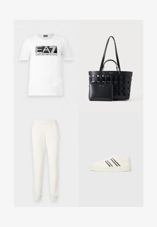 T-shirt blanc à manches courtes avec logo "EA7" en sequins noirs et blancs et texte "Emporio Armani" en dessous sur la poitrine.; Pantalon de jogger crème en tissu doux, avec une taille et des poignets ajustés. Design simple sans motifs visibles ni ornements.; Baskets en toile blanches avec un bout rond, trois rayures noires et une semelle en caoutchouc texturée. Marque sur le côté et le talon.; Sac fourre-tout tissé noir avec double poignées et une petite pochette zippée assortie à l'avant, tous deux en cuir.