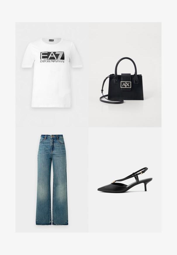 Camiseta blanca de manga corta con el logo "EA7" en lentejuelas en blanco y negro y el texto "Emporio Armani" debajo, en el pecho.; Jeans de mezclilla de tiro alto y pierna ancha de color azul claro, con cinco bolsillos y dobladillos ligeramente deshilachados, que exhiben un acabado texturizado y desgastado.; Zapato slingback de cuero negro con tacón kitten, puntera puntiaguda, tira en T delgada, hebilla ajustable y pequeño adorno dorado en la tira.; Bolso de mano de cuero negro con un diseño estructurado, asas superiores y una correa de hombro desmontable. Presenta una placa de logo en tono plata y una textura suave.