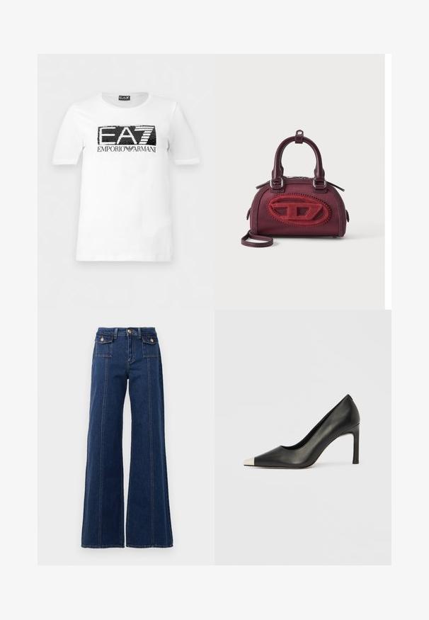 Camiseta blanca de manga corta con el logo "EA7" en lentejuelas en blanco y negro y el texto "Emporio Armani" debajo, en el pecho.; Jeans de denim de pierna ancha en azul oscuro. Cuenta con cuatro bolsillos, grandes detalles de costura y un diseño de cintura alta. Cierre clásico de botón.; Zapato de tacón alto de cuero negro con punta en forma de pico y una tapa metálica plateada. Presenta un acabado suave y un tacón delgado de 10 cm.; Pequeño bolso burdeos con forma redondeada, doble asa y gran logo ovalado rojo texturizado en la parte delantera sobre fondo liso.