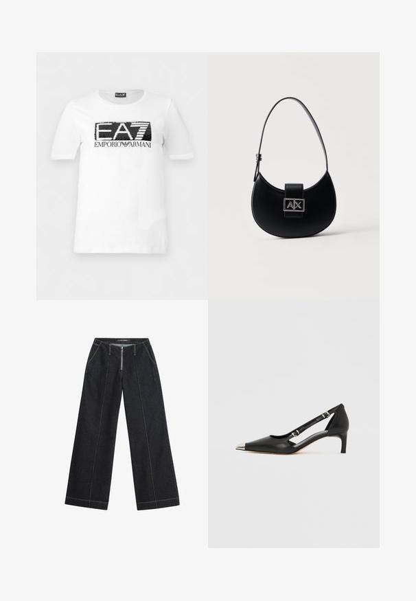 Biele tričko s krátkym rukávom, s čiernym a bielym flitrovým logom "EA7" a nápisom "Emporio Armani" pod ním na hrudi.; Tmavé denimové nohavice so širokými nohavicami a žltým kontrastným prešívaním, so zipsom na prednej strane. Dve bočné vrecká a mierne štruktúrovaný strih.; Čierna kožená lodička s nízkym opätkom typu kitten, so špicatou striebristou špičkou a dvoma remienkami s prackami na bielom pozadí.; Čierna kabelka v tvare polmesiaca s jedným nastaviteľným remienkom a striebornou prackou s logom A|X na prednej klapke.