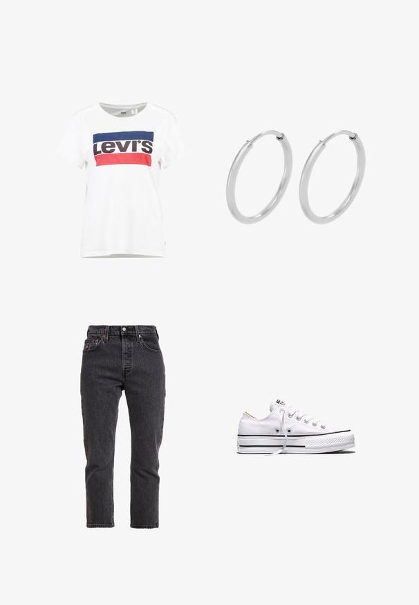 Hvid bomulds t-shirt med korte ærmer og rund hals, med et centralt blå, rød og sort Levi's logo design.; Sorte denimjeans med lige ben, høj talje, fem lommer og metalknaplukning. Subtile teksturer og syninger.; Hvid lavtop lærredssneakers med hvide snørebånd, sorte striber på sålen og gummieret tekstureret tåhætte, sidevendt på hvid baggrund.; Sølv hoops øreringe, cirkulær form, glat skinnende tekstur og ensartet bredde hele vejen igennem. Minimalistisk design uden yderligere accenter.