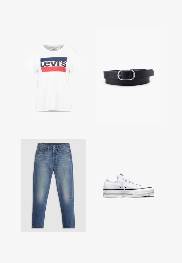 Witte katoenen t-shirt met korte mouwen en een ronde hals, met een centraal ontwerp van het Levi's-logo in blauw, rood en zwart.; Lichtblauwe denim jeans met een rechte snit, vijf zakken, knoopsluiting en subtiele vervagingen op de dijen. Contraststiksel zichtbaar.; Witte lage canvas sneaker met witte veters, zwarte strepen op de zool en een rubberen, getextureerde neuskap, zijaanzicht op een witte achtergrond.; Zwarte leren riem met een gladde textuur, ovaal zilveren metalen gespsluiting en meerdere verstelgaten langs de band. Platte, minimalistische uitstraling.