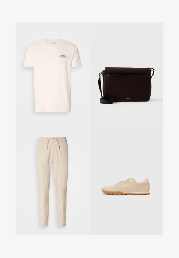 Crème-kleurige katoenen t-shirt met een ronde hals, korte mouwen en een kleine marineblauwe opdruk op de borst met de tekst "GANT 32 EAST 39TH ST. NEW YORK."; Lichtbeige broeken met een gladde stoftextuur, elastische tailleband en verstelkoord. Tapered model. Geen zichtbare patronen.; Beige suede sneakers met een gestroomlijnd ontwerp, voorzien van een textuur bovenwerk, ronde neus en een rubberen zool met een zigzagpatroon.; Donkerbruine stoffen boodschappentas met verstelbare zwarte riem en klein zilveren "BOSS"-logo op de voorflap.