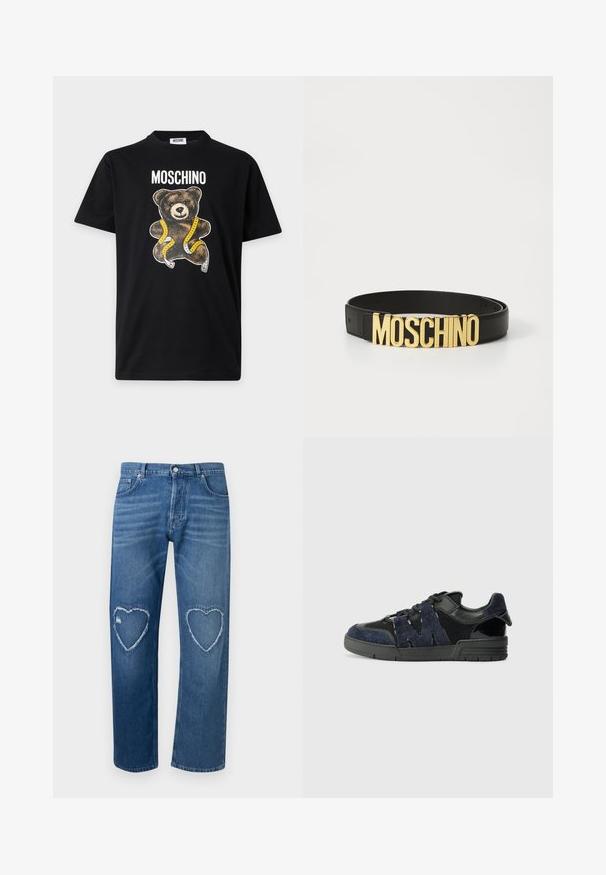 Čierne tričko Moschino s grafikou medvedíka zabaleného v žltom krajčírskej páske a nad tým je vytlačený názov značky.; Modré džínsy z denimu s vysokým pásom, rovnými nohavicami a otrhanými výrezmi v tvare srdca na oboch kolenách.; Čierne a námornícke tenisky sú vyrobené z semišových a sieťovinových materiálov, majú hrubú podrážku a výrazný výrez v tvare "M" na boku.; Čierny kožený opasok s veľkou zlatou prackou s logom "MOSCHINO", hladký povrch, nastaviteľná veľkosť a minimalistický dizajn.