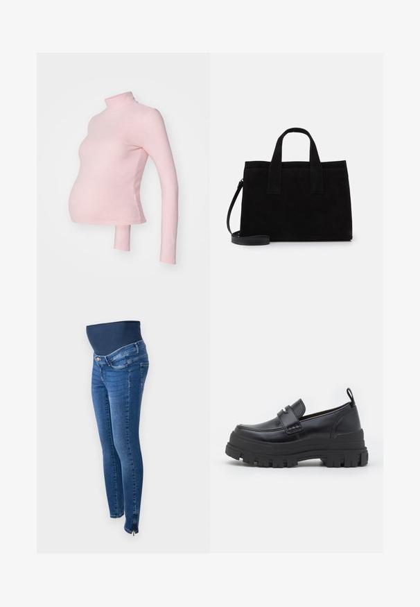 Haut de maternité en rose clair, avec un col haut, des manches longues, un tissu extensible et une coupe ajustée mettant en valeur le ventre.; Jeans de maternité en denim bleu foncé. Coupe slim avec une bande de soutien extensible pour le ventre. Comprend des zips latéraux au niveau des chevilles.; Mocassin en cuir noir avec semelle épaisse rainurée, couture moc toe, détail de sangle sur le dessus et languette au talon, présenté de profil.; Sac fourre-tout en suede noir avec deux poignées supérieures et une bandoulière amovible. Forme rectangulaire avec une texture lisse et des coutures minimalistes.