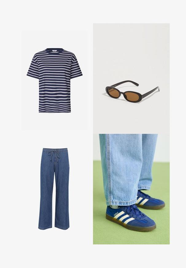 Envii KULLA - Trükipildiga T-särk - navy fog; Denim laiad jalgadega püksid, millel on paelu peegel ja keskmiselt sinine värv, sirge lõige ning peened õmbluse detailid.; Sinised sametist tossud valgete triipudega ja tekstuursete mustritega, kantud helesiniste teksapükste ja rohelise tausta vastu.; Pruunide ovaalsete läätsedega päikeseprillid, mustad plastikraamid ja õhukesed sangad. Sile tekstuur ning minimalistlik disain.