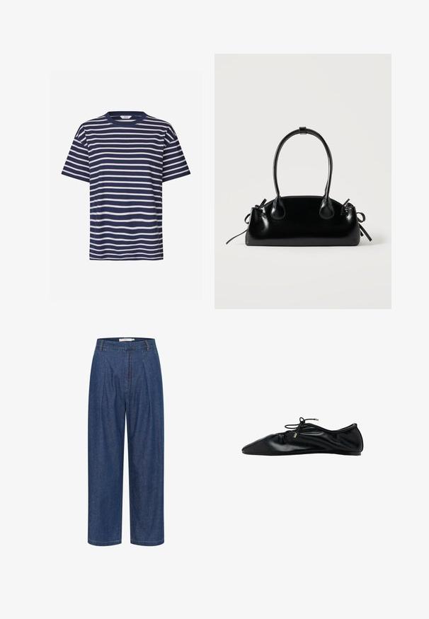 Envii KULLA - T-shirt print - navy fog; Blauwe denim broek met hoge taille, wijde pijpen, voorplooien, lussen voor een riem en een verborgen ritssluiting.; Zwarte leren ballerina met een geraffineerde neus en veter met metalen uiteinden, minimalistisch en slank zijaanzicht.; Kleine zwarte glanzende handtas met twee lange hengsels en zijkant trekkoord details op een effen lichte achtergrond.