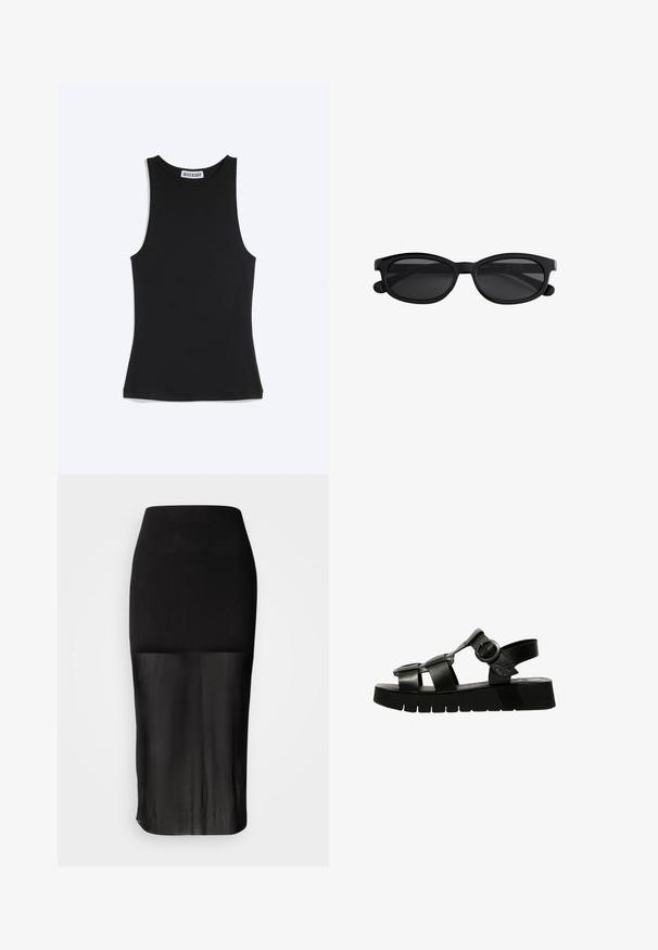 Camiseta negra sin mangas ajustada con cuello redondo y etiqueta de la marca Weekday en el cuello trasero, sobre un fondo blanco.; Falda midi negra con una cinturilla ajustada, que presenta un panel inferior transparente. Textura suave con un silueta elegante y sin patrones visibles.; Sandalia negra con suela de plataforma gruesa, tiras anchas, hebilla ajustable y un diseño minimalista con textura suave.; Gafas de sol ovaladas negras con montura gruesa de plástico y lentes tintadas oscuras mostradas sobre un fondo blanco.