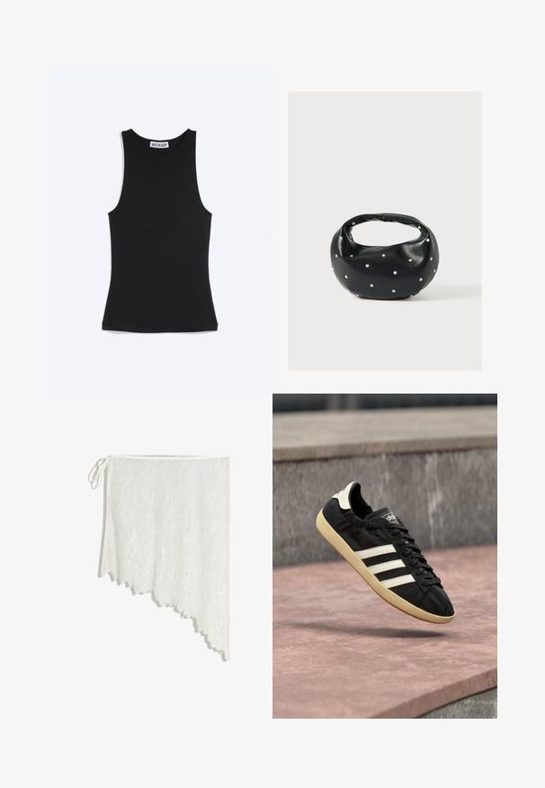 Sort ærmeløs tætsiddende top med rund halsudskæring og Weekday-brandlabel bag på kraven, på hvid baggrund.; Hvid blondesjal med asymmetrisk snit, blomster mønstre og bånd til at binde i siden, hængende mod en hvid baggrund.; Sort Adidas sneaker med hvide striber og beige sål, fanget i luften over en stenet overflade og baggrund af en stenmur.; Sort læderhåndtaske med en rundet form, dekoreret med sølvnitter, og et kort håndtag. Glat tekstur og lynlåslukning.