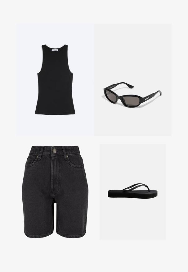 Débardeur noir sans manches, cintré, avec encolure ronde et étiquette de la marque Weekday à l'arrière du col, sur fond blanc.; Shorts en denim noir à taille haute, avec un design à cinq poches et un système de fermeture à bouton en métal. Le tissu a une texture lisse avec un léger dégradé.; Tongs en caoutchouc noir avec semelle texturée et bride en forme de Y, vues de côté sur un fond clair uni.; Lunettes de soleil noires avec une monture rectangulaire, des verres sombres, un matériau plastique lisse et un accent métallique sur la branche.