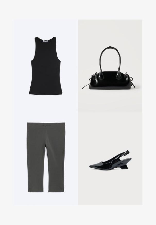 Black sleeveless fitted tank top with round neckline and weekday brand label at the back collar, on a white background.; Dark gray cropped leggings with a wide waistband and small side slits at the hem, laid flat on a light background.; Black patent leather slingback shoe with pointed toe and low angled block heel on plain light background.; Small black glossy handbag with two long handles and side drawstring details on a plain light background.