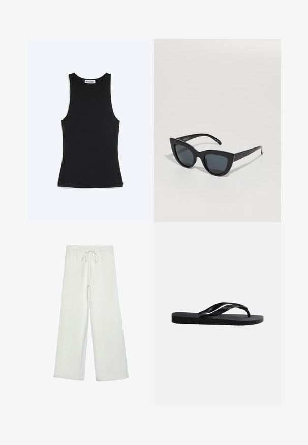 Débardeur noir sans manches, cintré, avec encolure ronde et étiquette de la marque Weekday à l'arrière du col, sur fond blanc.; Pantalons larges blancs en tissu doux. Dotés d'une taille élastique avec cordon de serrage et d'une texture lisse. Aucuns motifs visibles ni éléments en métal.; Tongs en caoutchouc noir avec semelle texturée et bride en Y lisse sur un fond clair uni.; Lunettes de soleil noires en forme de œil de chat avec des verres foncés, une monture en plastique brillant et des bords angulaires. Marque visible sur la branche gauche.