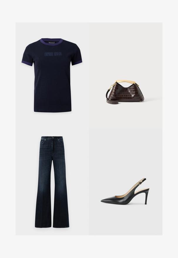 Marineblaues kurzärmeliges T-Shirt mit lila Besatz an Kragen und Ärmeln, vorne mit dem Text "EMPORIO ARMANI" in passendem Marineblau.; Dunkelblaue hoch taillierte weit geschnittene Jeans mit vorderen Taschen, Gürtelschlaufen und einem Knopf- und Reißverschluss.; Schwarze Leder-Slingback-High-Heels mit spitzem Zehenbereich, verstellbarem Riemen und schlankem Stiletto-Absatz, ausgestattet mit einer glatten Oberfläche.; Dunkelbraune, krokodilgeprägte Handtasche mit goldfarbenem, geschwungenem Tragegriff und abnehmbarem Schulterriemen auf weißem Hintergrund.