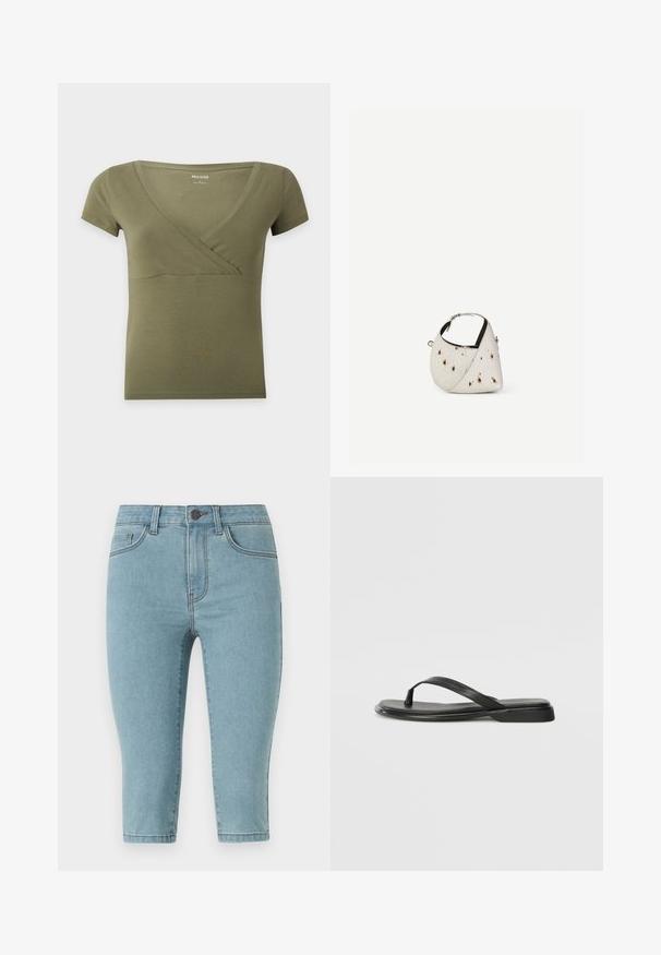 Olivgrünes Kurzarm-T-Shirt mit V-Ausschnitt, Wickeloptik vorne und figurbetonter Form, präsentiert auf schlichtem, hellem Hintergrund.; Helle blaue Denim-Capri-Hosen mit einer figurnahen Passform, mittlerer Leibhöhe, Fünf-Taschen-Stil und dezenten Stickdetails entlang der Nähte.; Schwarze Flip-Flops aus glattem Leder, mit einem dünnen Riemendesign und einer flachen Sohle mit minimalem Profil. Keine bemerkenswerten Muster oder Akzente.; Kleine weiße Handtasche mit braunen Flecken, abgerundete dreieckige Form, schwarze Innenfutter und kurzer verstellbarer Riemen mit silberner Schnalle.