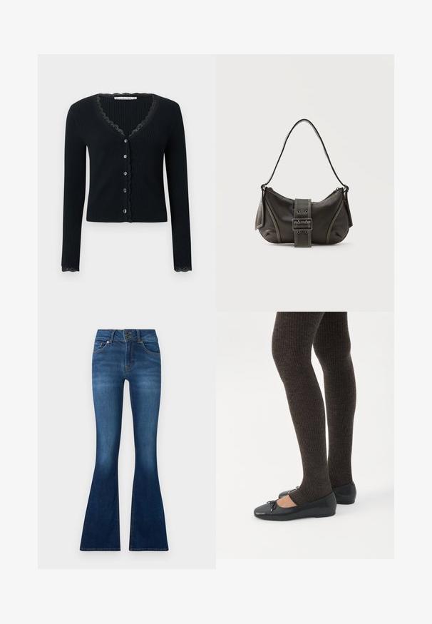 Zwarte geribde cardigan met lange mouwen, voorzien van een V-hals en kanten afwerking langs de halslijn en manchetten. Zes knopen aan de voorkant.; Uitgebreide jeans van donkerblauwe denim. Voorzien van een sluiting met twee knopen, vijf zakken en vervagingdetails op de benen. Standaard taillebandontwerp.; Benen met donkere geribbelde leggings gecombineerd met zwarte ballerina's met kleine strikdetails op een witte achtergrond.; Zwarte leren schoudertas met gespsluiting aan de riem, afgeronde hoeken en contrasterende witte stiksels op een effen achtergrond.