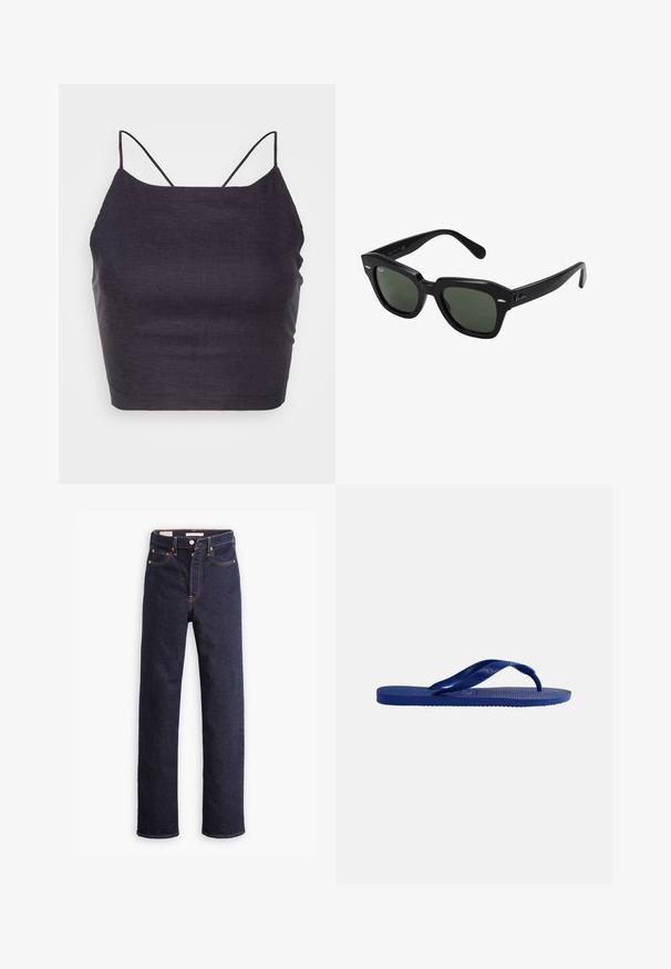 Gestuz MALOU - Top - seaborne; Jeans de mezclilla rectos de color azul oscuro con cinco bolsillos y costuras naranjas visibles sobre un fondo blanco.; Sandalia flip-flop azul única con suela texturizada y tiras en forma de Y, mostrada de lado sobre un fondo blanco liso.; Gafas de sol cuadradas negras con lentes verde oscuro, con montura audaz y acentos plateados en los laterales. Fabricadas en Italia.