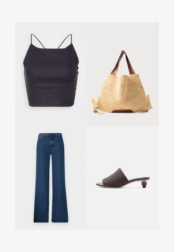 Gestuz MALOU - Top - seaborne; Blauwe denim flared jeans met een hoge taille, vijf-pocket ontwerp en metalen knoopsluiting. Gladde textuur, casual stijl en minimale stiksels.; Bruine geweven mule sandaal met open teen en lage afgeronde houten hak op een witte achtergrond.; Beige geweven strooien draagtas met bruine leren handvatten en zijstrikken, rechtopstaand tegen een effen achtergrond.