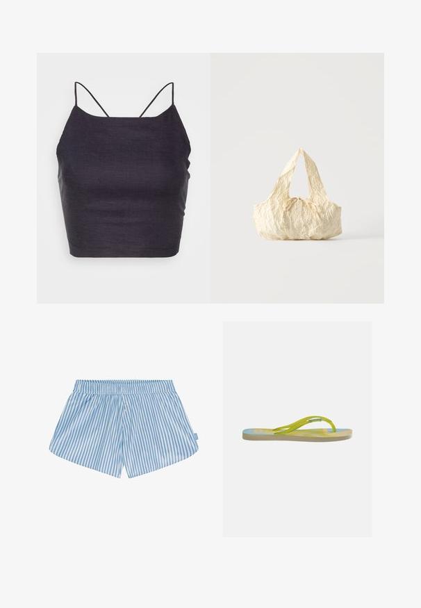 Gestuz MALOU - Top - seaborne; Blå og hvide stribede shorts med elastisk talje, to knapper foran og en afslappet pasform. Stoffet synes glat med en let tekstur.; Enkelt gul og lyseblå flip-flop med tynde stropper og et diskret trykt mønster på sålen mod en ensfarvet baggrund.; Håndtaske i cremefarvet tekstureret stof med top-håndtag og en lille bundet sløjfe-detalje midt foran.