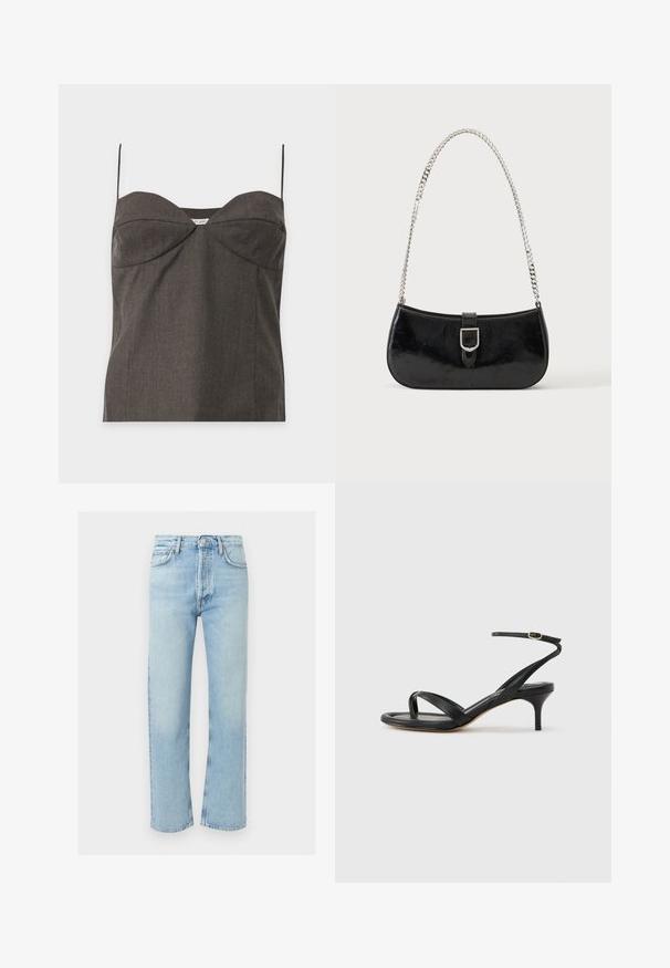 Dunkelgraues trägerloses Bustier-Top mit dünnen Spaghettiträgern und dezenten Naht-Details auf weißem Hintergrund.; Hellblaue Jeans mit geradem Bein, vorn mit Knopf- und Reißverschluss, fünf Taschen und kontrastierenden Nähten.; Schwarze Ledersandale für Damen mit dünnen Riemchen, einer Zehenlasche, einer Knöchelschnalle und einem mittelhohen Stöckelabsatz vor neutralem Hintergrund.; Schwarze Schultertasche aus Lackleder mit silberner Schnalle und silbernem Kettenriemen, auf hellem einfarbigen Hintergrund präsentiert.