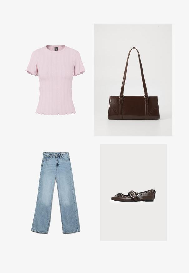 Lichtroze geribd gebreid topje met korte mouwen, met gegolfde randen aan de mouwen en zoom, ronde halslijn en subtiel verticaal patroon.; Lichtblauwe jeans met hoge taille en wijde pijpen, met knoop- en ritssluiting, voor- en achterzakken en riemlussen.; Bruine leren platte schoen met dubbele zilveren gespen, decoratieve veters langs de randen en een kleine strik op de puntige neus.; Bruine lakleren handtas met een rechthoekige vorm, twee lange handvatten en subtiele gebogen accenten aan de voorkant.
