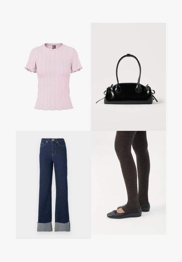 Lyserød ribstrikket kortærmet top med bølgede kanter på ærmer og kant, rund halsudskæring og subtilt lodret mønster.; Mørkeblå denim flare jeans med høj talje, med rå kant og lettere denimopstykkede detaljer ved anklerne. Sølvknaplukning.; Ben iført mørke ribbede leggings kombineret med sorte balletsko med små sløjfedetaljer på hvid baggrund.; Lille sort blank håndtaske med to lange håndtag og snøre-detaljer i siden på en ensfarvet lys baggrund.