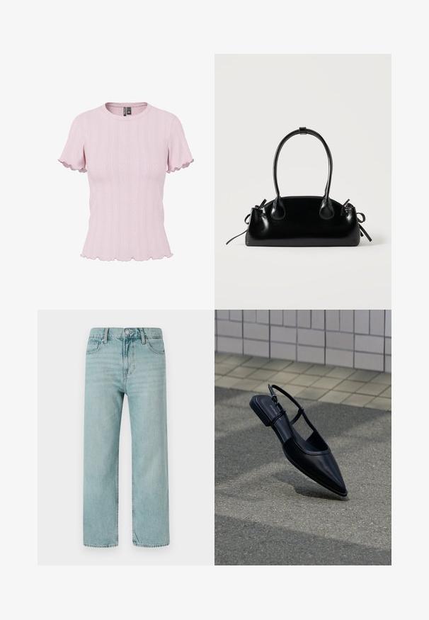Lyserød ribstrikket kortærmet top med bølgede kanter på ærmer og kant, rund halsudskæring og subtilt lodret mønster.; Lyseblå brede jeans lavet af denim, der har et klassisk fem-lomme design, rene linjer og et almindeligt taljebånd med knaplukning.; Sort slingback-flad sko med spids tå, svævende over en asfaltflade ved siden af en flisebelagt fortov.; Lille sort blank håndtaske med to lange håndtag og snøre-detaljer i siden på en ensfarvet lys baggrund.