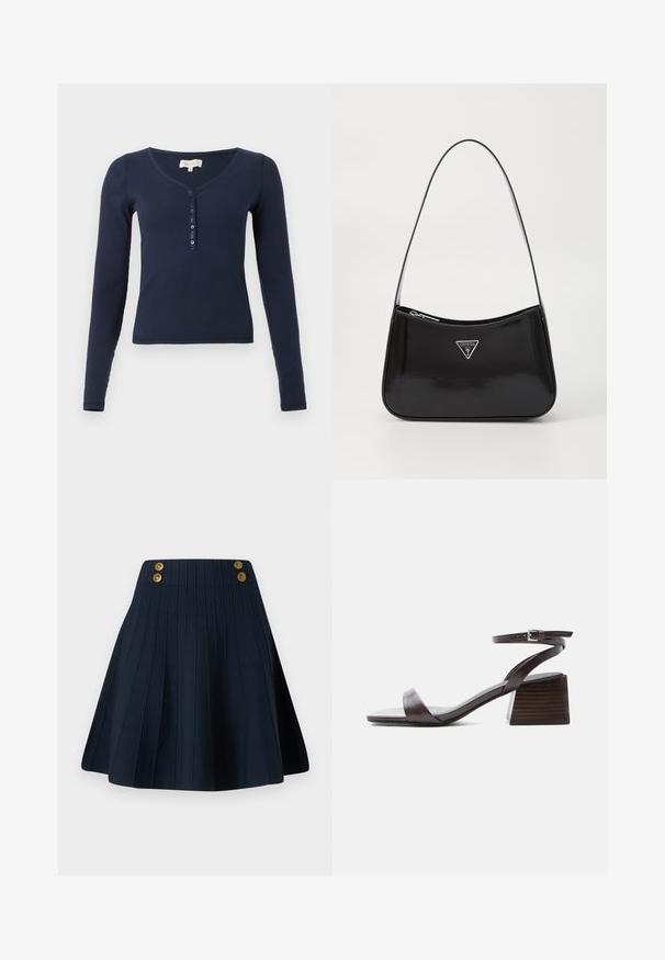 Chemise bleu marine côtelée à manches longues avec un col en V et une patte de boutonnage à quatre boutons sur fond blanc.; Jupe plissée bleu marine en tissu texturé, avec une taille haute et deux boutons dorés à l'avant, créant une ligne épurée et une forme structurée.; Sandale en cuir marron foncé avec bride à la cheville, petit talon bloc et bout ouvert, présentée de profil sur fond blanc.; Sac à épaule en cuir verni noir avec une forme incurvée, présentant un logo triangle en argent et une fermeture éclair. Texture lisse et bandoulière fine.